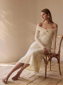 MOTF PREMIUM ONE-SHOULDER DRESS, ROMANTIC & ELEGANT TEXTURED FABRIC, TWIST DETAIL, LONG SLEEVE, WAIST-CINCHING, GRACEFUL & LADYLIKE DRESS - Apricot - View 6