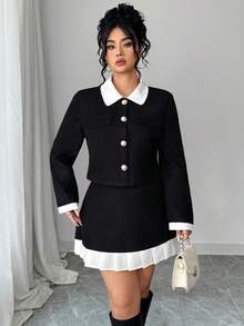 Elenzga Plus Size Women Elegant Contrast Color Long Sleeve Single-Breasted Jacket And Midi Skirt Set - Black and White - View 4