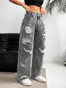SHEIN ICON Jeans de mujer de talle bajo, sueltos, con efecto desgastado y versátiles - Gris - Ver 6