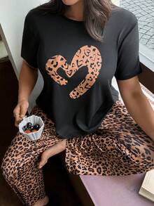 Dream Adore Plus Size Women Leopard Print Casual Round Neck Short Sleeve Pajama Set - Multicolor - View 4
