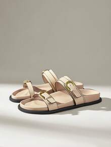 Solecia Sandal đế bằng có khóa cài, kiểu dáng đơn giản, đa năng, thích hợp cho nữ, thích hợp mang hàng ngày, mùa hè. - Màu be - Xem 2