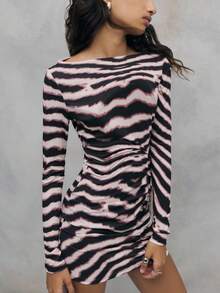 TypaGal Váy ôm sát cơ thể sọc tương phản gợi cảm thời trang nữ - màu nâu - Xem 4