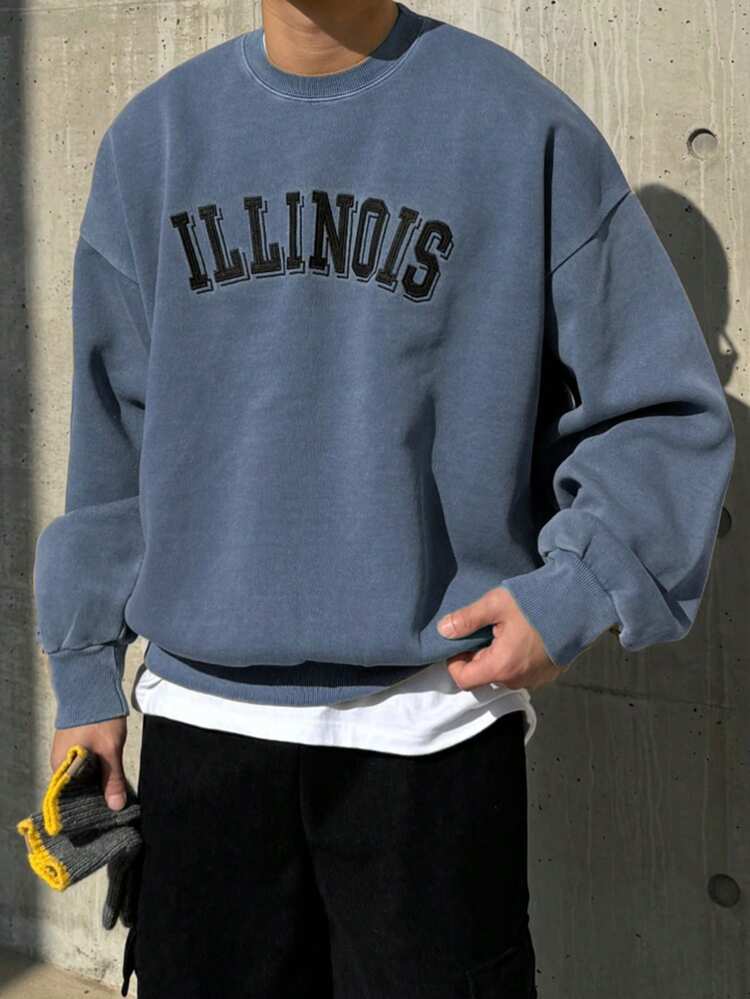 Men's Letter Embroidered Short Crew Neck Sweatshirt, Thermal Lined, Autumn/Winter