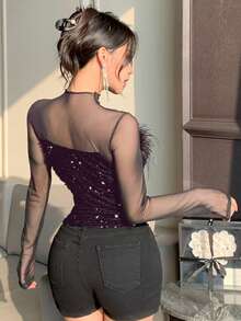 DAZY 春季新款透视网纱拼接纹理派对风女式T恤，Y2K风格 - 棕色 - 查看 2