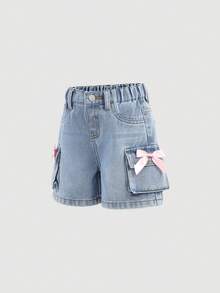 SHEIN Baby Girl Y2k Blue Denim Loose Cargo Shorts, Spring And Summer Casual Vacation Country Boho Wear, Beach Middle Shorts For, Western Street Wear For Spring Break, Rave Festival Denim Shorts - Light Wash - View 5