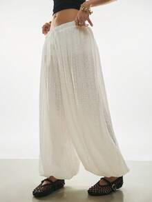 Poéselle 休闲纯色提花低腰哈伦裤 - 白色 - 查看 4