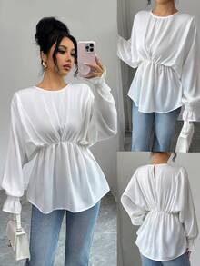 Modelyn Women's French Round Neck Batwing Satin Sleeve Blouse, Spring/Summer/Autumn - White - View 2