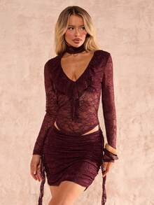 SHEIN Glamour Women's 2 Pieces Sets Burgundy Autumn Elegant Night Out V Neck Lace Sheer Mini Skirt Set,Wine Red Maroon Floral Party Club Birthday Holiday Set - Redwood - View 3
