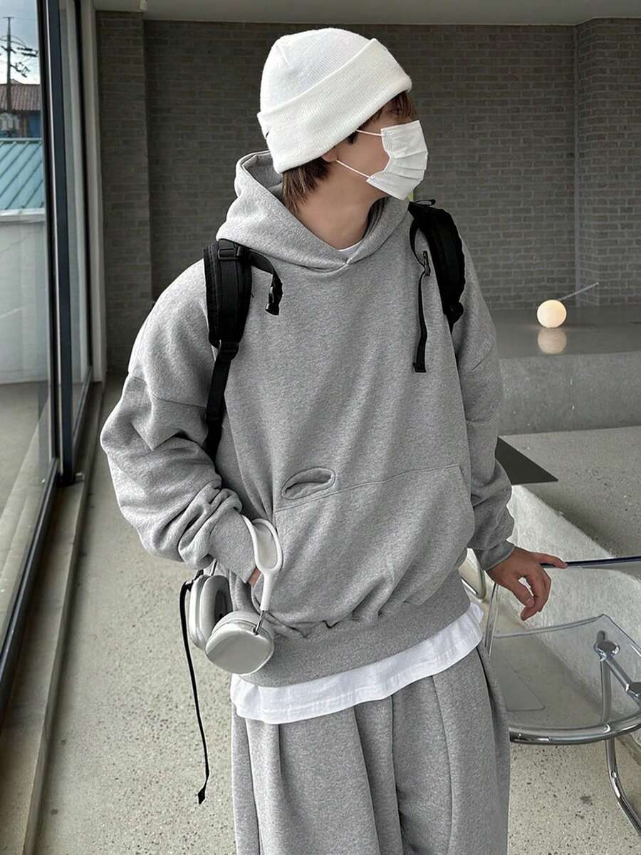 DAZY Men's Thermal Lined Gray Utility Pocket Design Hoodie Set, Autumn/Winter - Grey - View 1