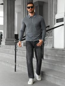 Manfinity Homme Men's Casual Commuter Button-Up Collar Long Sleeve Polo Shirt - Dark Grey - View 5
