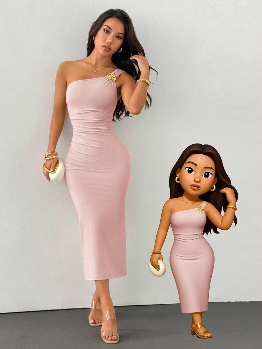 SHEIN PETITE Gold Color Brooch Decor Asymmetric Neck Ruched Fishtail Skirt Pink Midi Dress