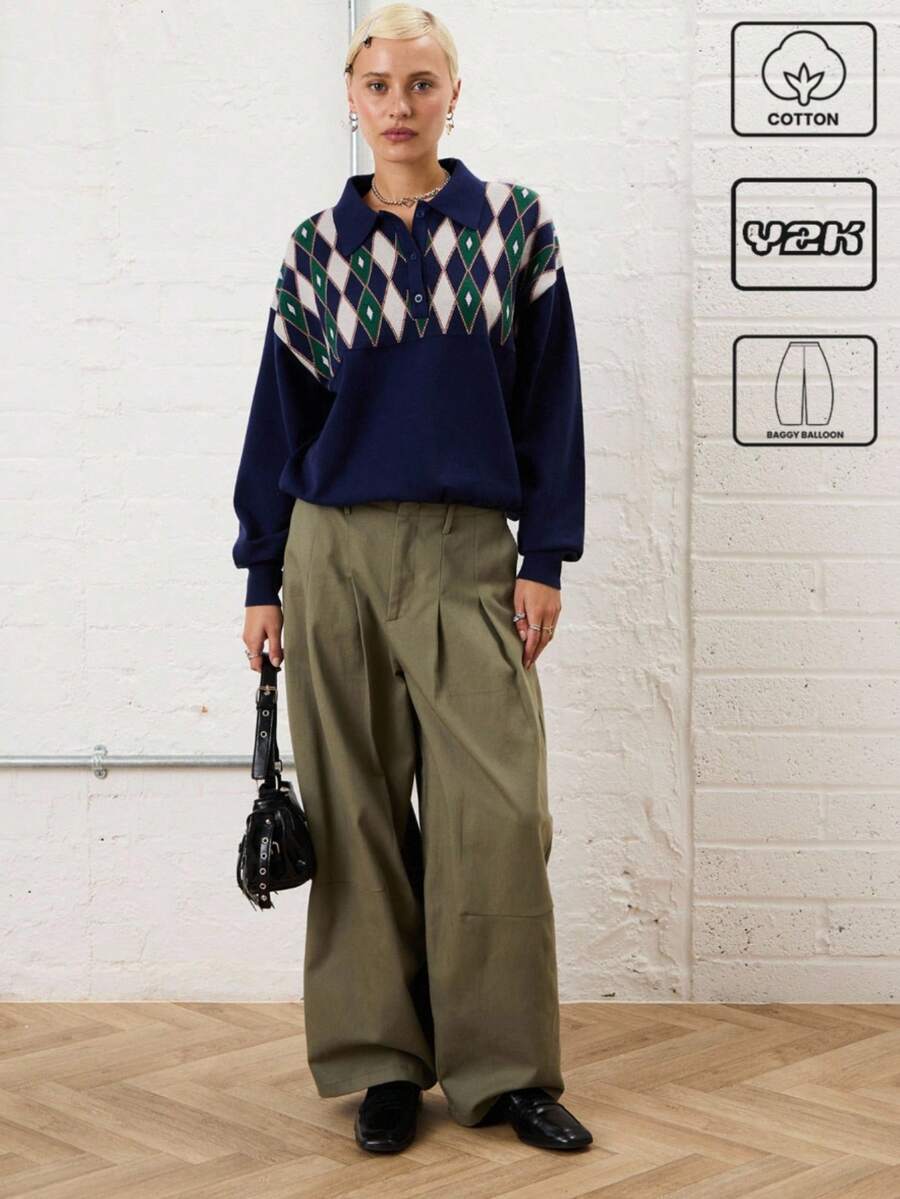 COUREZ Low Rise Baggy Balloon Trousers With Front Pleat Detail /Y2K Going Out Outfits Fall Women Clothes Winter Clothes For Women Gothic Club Outfits Women Sexy - Army Green - View 1