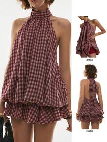 Poéselle Women's Summer Fashion Plaid Ruffle Hem Halter Backless Mini Dress Checkered Dress Backless Sundress Backless Summer Dress Picnic Dresses - Burgundy - View 5