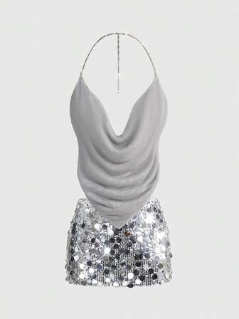 ROMWE Avant Ensemble 2 pièces comprenant un gilet pour femme avec encolure drapée en métal et une mini-jupe moulante taille très basse pour fête du Nouvel An