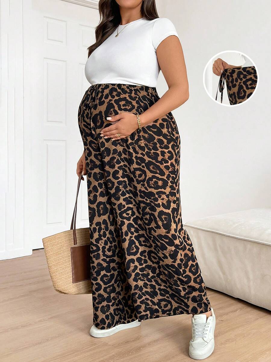 SHEIN Plus Size Maternity Casual Loose Leopard Print Pants Summer Vacation