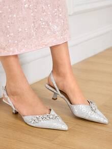 CUCCOO HITCHD Women's Fashionable Elegant Party Crystal Embellished Pointed Toe Pumps - Silver - View 6