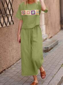 SHEIN LUNE Women's Bohemian Style Pattern Patchwork Short Sleeve 2 Pieces Set - Mint Green - View 1