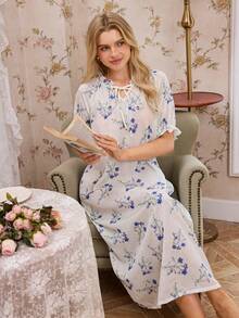 CottageSlumber Romantisches Nachtkleid mit Blume Muster, Rüschenkragen, Schleifen-Schleife und Puffärmeln - Verschiedenfarbig - Übersicht 7