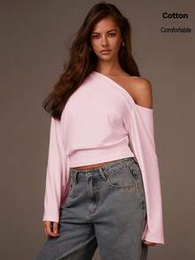 Athîral Áo thun tay dài hở vai màu trơn dành cho nữ, thường ngày, đa năng, đi làm hàng ngày, dự tiệc - Màu Hồng baby - Xem 1