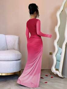 Rafferiza Đầm ôm sát dài tay bằng vải lưới xuyên thấu, kiểu ombre, xếp ly, thích hợp mặc hàng ngày đi biển, ở nhà, công sở. - Đỏ - Xem 2