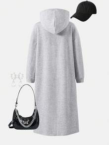 SHEIN ChillGRL Teens/Youth (Female) Casual All-Match Versatile Daily Wear & Activewear Hooded Zip-Up Long Knit Jacquard Cardigan, Autumn/Winter - Grey - View 2