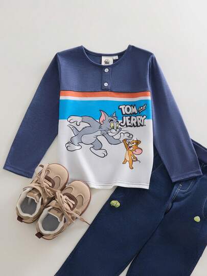 TOM & JERRY X SHEIN Young Boy Casual Cartoon Graphic Round Neck Long Sleeve T-Shirt