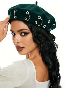 ROMWE Grunge Punk 1pc Punk Style Circular Hollow Rivet Beret Hat, Y2K Round Pendant Newsboy Cap, Daily Personalized Fashion Item - Dark Green - View 4