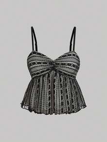 SHEIN MOD 浪漫可爱奶油杏色蕾丝吊带上衣，娃娃裙摆——花园茶会、约会、派对、女士春夏连衣裙、沙滩装、春假、度假、野餐、节日、生日装 - 黑與白 - 查看 5