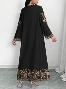 SHEIN Najma 女士花卉植物数码印花V领长袖优雅阿拉伯风格长款连衣裙，加大码