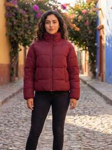 Mujer chaqueta casual acolchada diseño color sólido tela térmica ligera holgada cuello alto manga larga invierno uso diario exterior - Burdeos - Ver 1