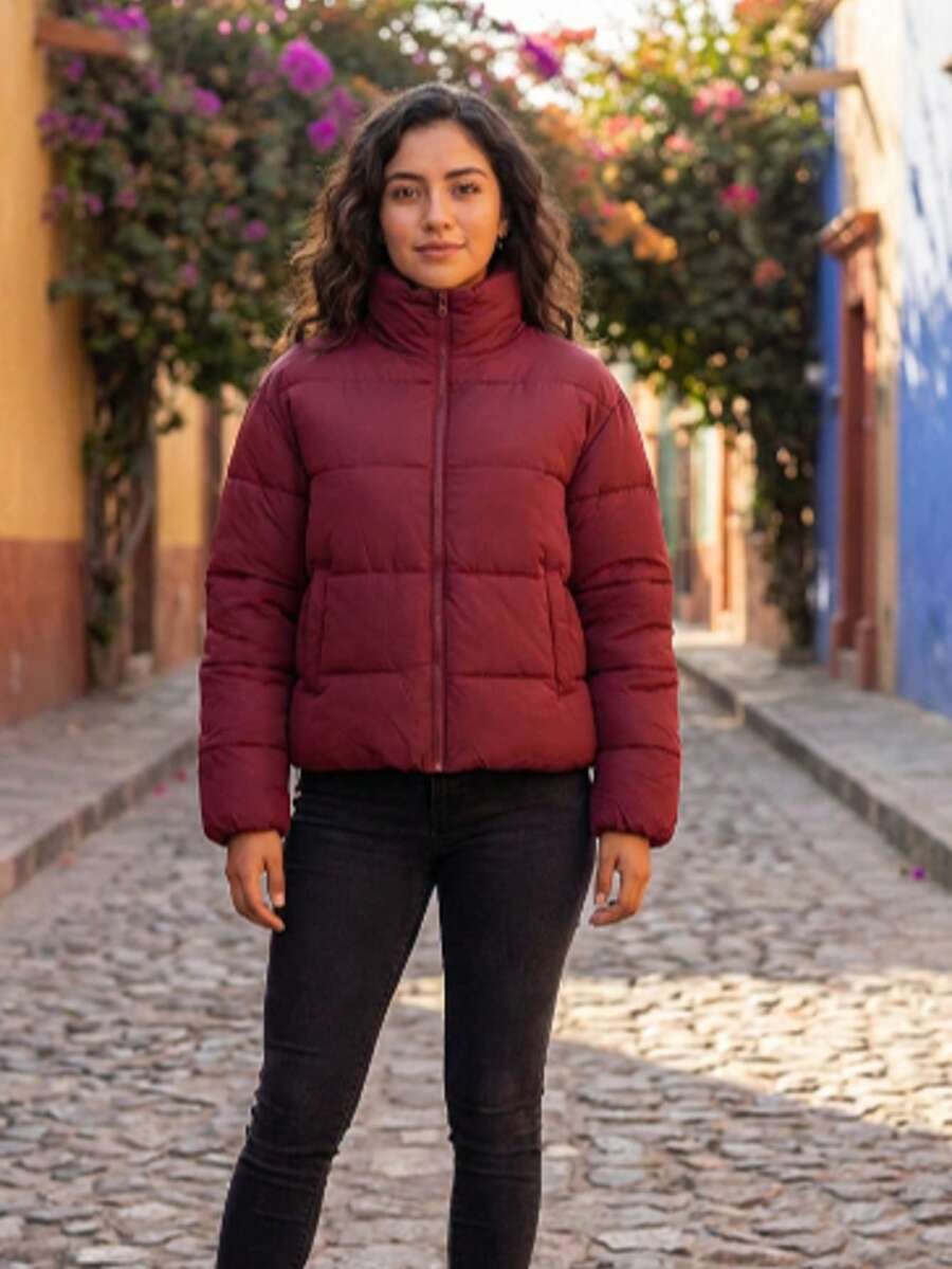 Mujer chaqueta casual acolchada diseño color sólido tela térmica ligera holgada cuello alto manga larga invierno uso diario exterior - Burdeos - Ver 1