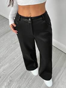 SHEIN PETITE Pantalones rectos de piel de poliuretano sólida color borgoña, adecuados para Navidad, Año Nuevo, San Valentín, otoño/invierno, fiestas, citas - Negro - Ver 7