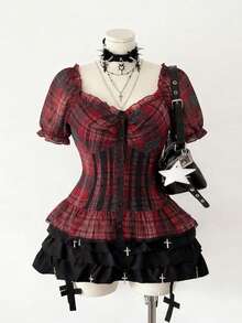 Sunspun Áo sơ mi nữ cỡ lớn phong cách punk đỏ kẻ caro tay ngắn - Nhiều màu - Xem 1