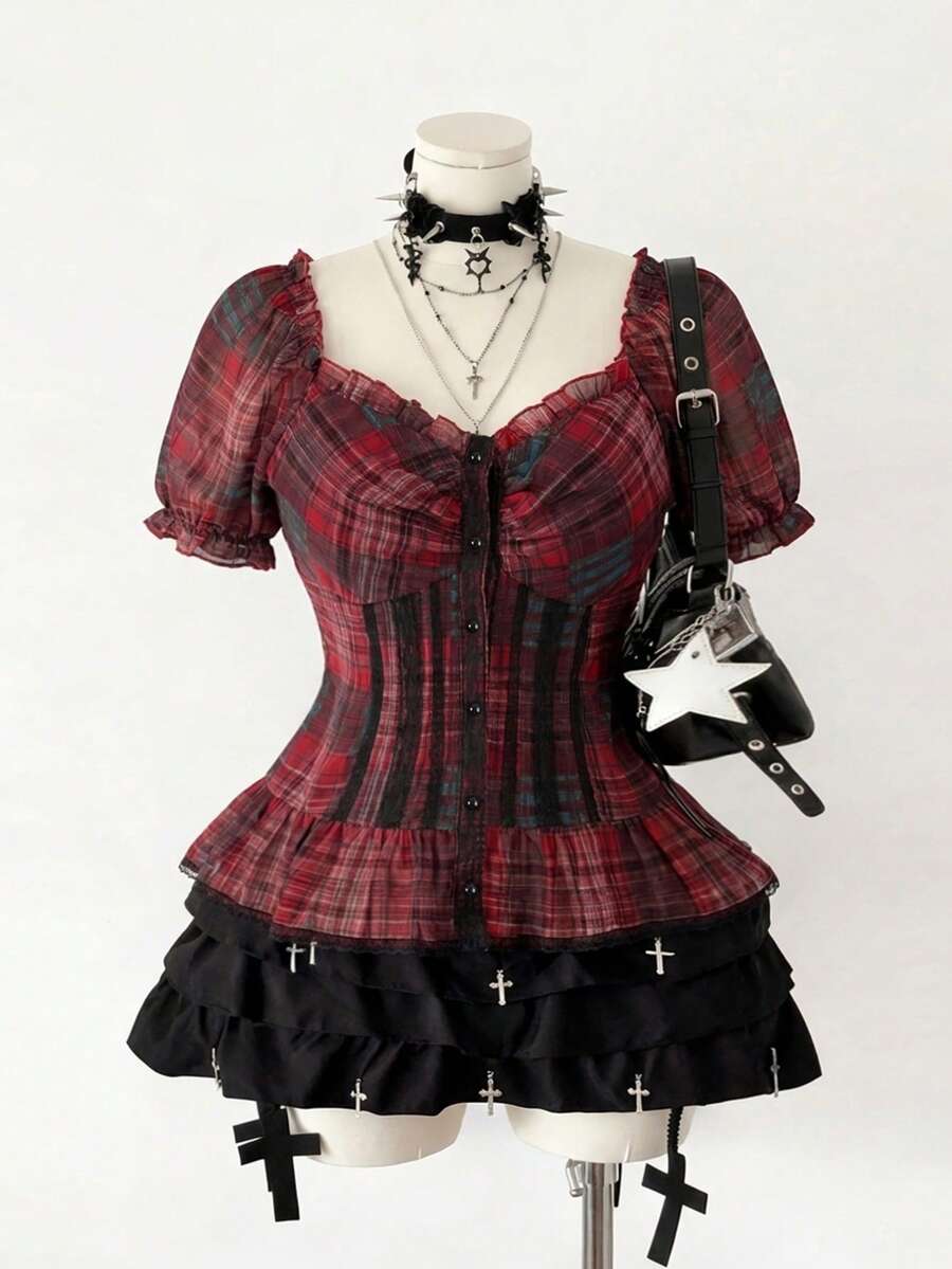 Sunspun Áo sơ mi nữ cỡ lớn phong cách punk đỏ kẻ caro tay ngắn - Nhiều màu - Xem 1