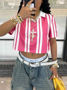 Rovax Women's Casual Striped Lapel Top, Street Style - Pink - View 3