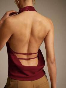 Hauture Sexy Summer Casual Asymmetrical Neck Backless Cowl Top - Burgundy - View 4