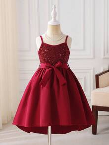 Glamorique Kids Rochie de petrecere elegantă și plină de farmec, cu paiete roșii și bretele spaghete, pentru fete tinere - Burgundia - Vizualizare 1