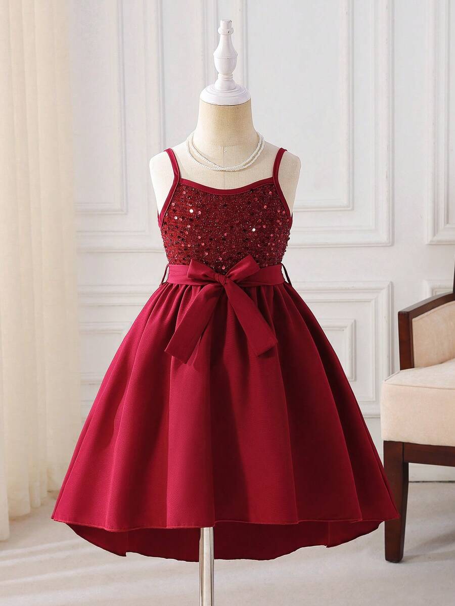 Glamorique Kids Rochie de petrecere elegantă și plină de farmec, cu paiete roșii și bretele spaghete, pentru fete tinere - Burgundia - Vizualizare 1