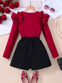 Tween Girl Spring/Autumn Party Banquet Round Neck Layered Ruffle Trim Long Sleeve T-Shirt And Faux Pearl Decor Skort Set - Burgundy - View 2