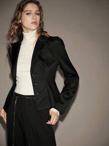 Lumivelle 女士休闲简约心形金属纽扣细腰西装外套 - 黑色 - 查看 8