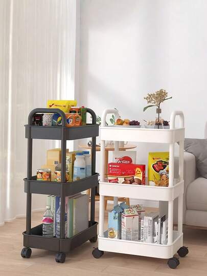 1SET Space Saving Sturdy Plastic No Tools Easy Assembly Multipurpose Mobile With Wheels Durable Structure Rolling Storage White Black Colors Sturdy Rolling Storage Cart Multipurpose Organizer Kitchen Bathroom Office Bedroom Home Commercial Use Bookshelf Function Home Organization Office Storage Space