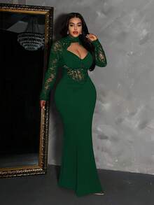 Maweii 大码女式黑色蕾丝性感镂空绷带休闲时尚年轻弹力针织百搭叠穿连衣裙，性感正式派对鸡尾酒会礼服，性感连体裤，优雅正式长裙 - 墨綠色 - 查看 3