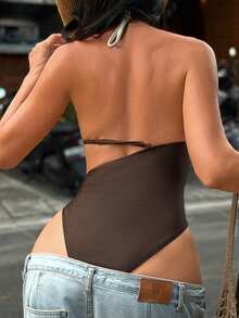 Swim SXY 1 pieza Traje de baño de una sola pieza con bloque de color y decoración de cuentas de tela brillante - Multicolor - Ver 2