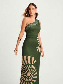 CAJUNI Seafood Shell Print One Shoulder Mid Dress - Dark Green - View 1