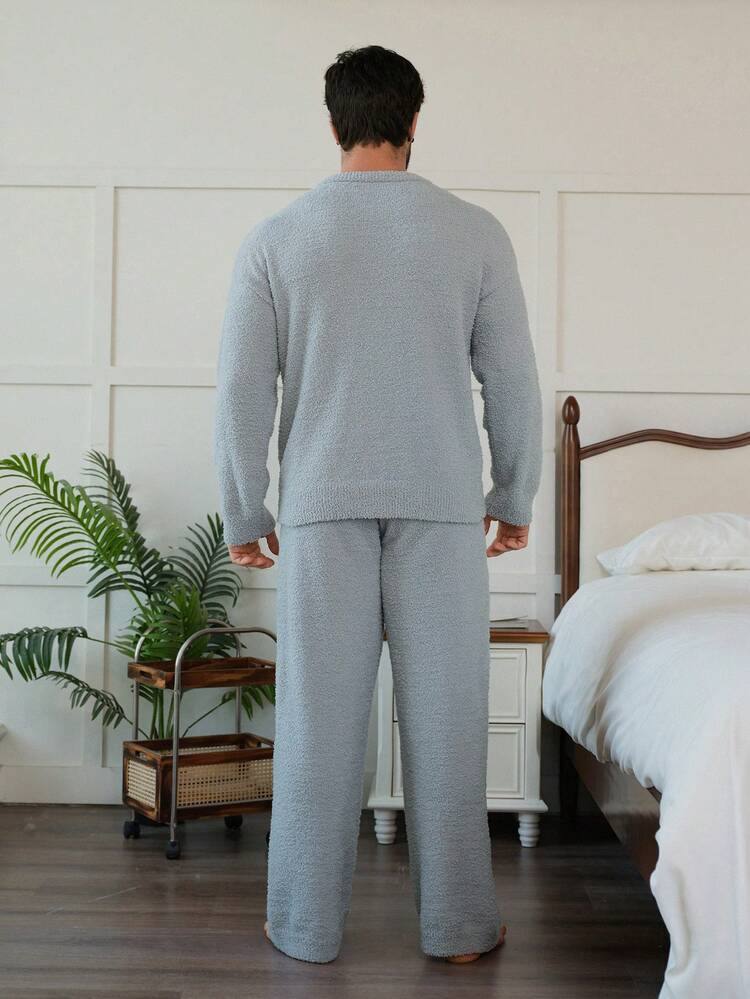 Men's Jacquard Knit Pattern Loungewear Set, Blue, Spring/Autumn