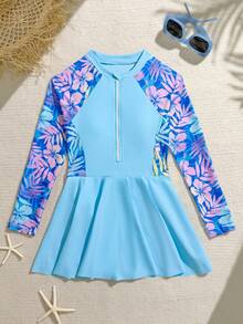 SHEIN 少女连体泳衣，长袖长腿，裙式泳衣，纯色拼接泳衣，前拉链长袖，简约休闲风格；纯色长袖圆领上衣，女童防晒套装，优雅女童泳衣。 - 藍色 - 查看 4