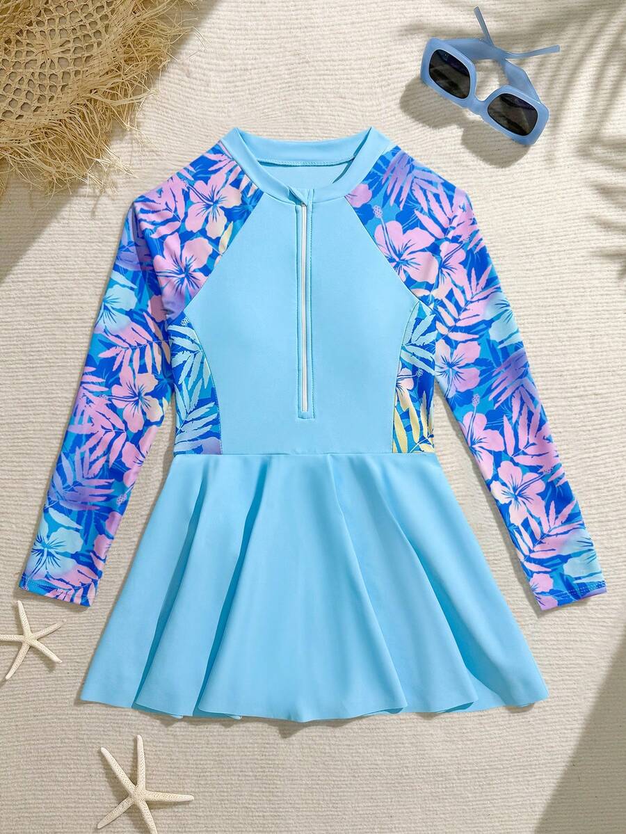 SHEIN 少女连体泳衣，长袖长腿，裙式泳衣，纯色拼接泳衣，前拉链长袖，简约休闲风格；纯色长袖圆领上衣，女童防晒套装，优雅女童泳衣。