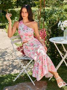 KARISMINA Women's Chiffon Printed Sleeveless Crop Top & Loose Skirt 2-Piece Set, Spring/Summer - Pink - View 3