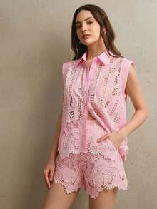 Anewsta Bộ áo và quần short ren thêu cao cấp kiểu vintage dành cho nữ, thích hợp mặc mùa hè. - Hồng - Xem 4