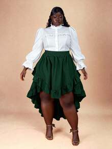 CurvyTilda Chân váy xếp nếp màu xanh lá đậm cỡ lớn dành cho nữ, Chân váy xếp lớp màu xanh lá đậm cổ điển - Màu xanh lá cây đậm - Xem 4